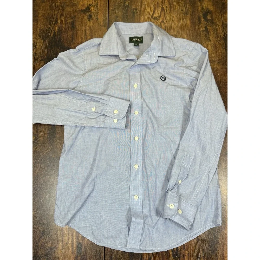 Ralph Lauren Boys Size 14 Light Blue Long Sleeve Button-Down Shirt 100% Cotton